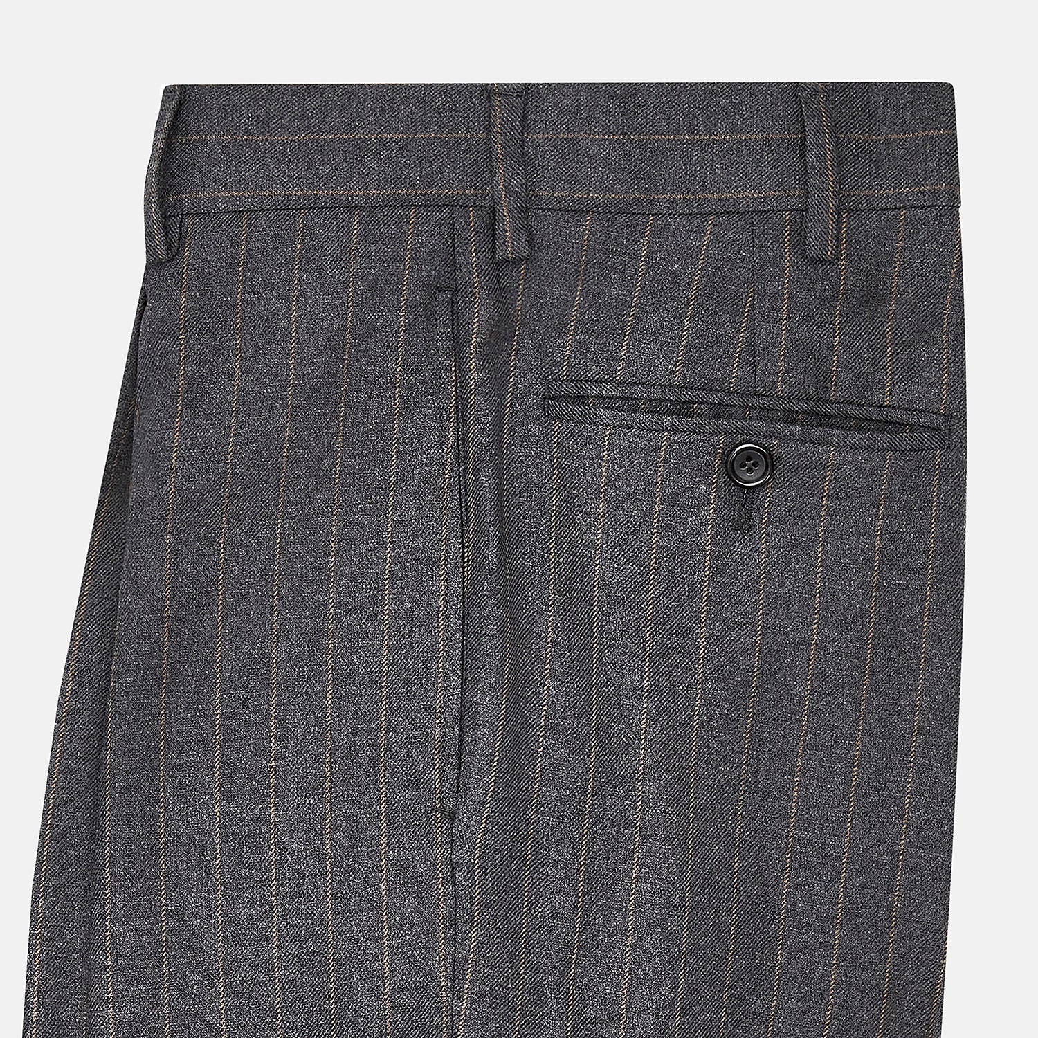 View 4 of product The Turnbull & Asser Dark Grey Pinstripe Arthur Trousers feature a subtle pinstripe, front button and zip closure, belt loops, and pleated front. These straight-leg trousers are shown against a plain white background.