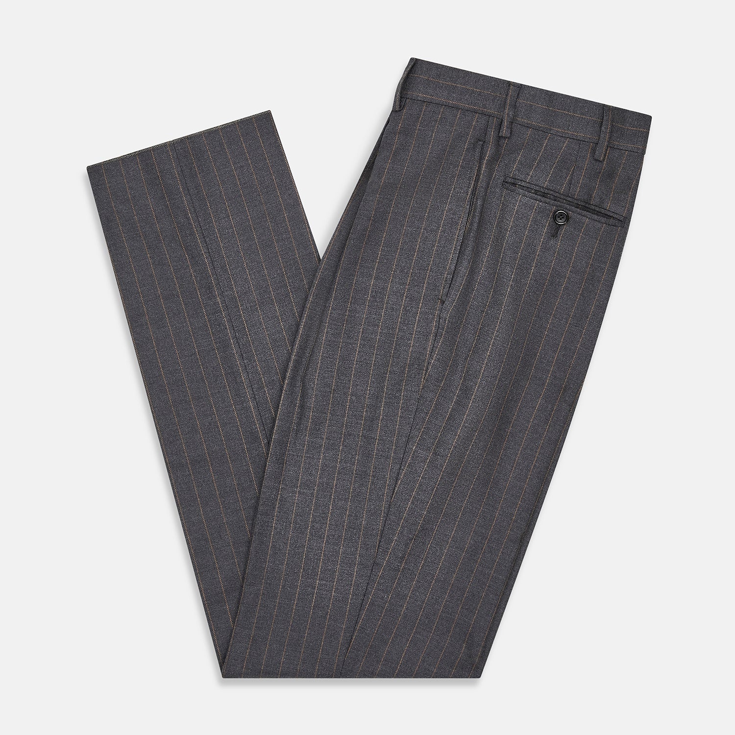 View 5 of product The Turnbull & Asser Dark Grey Pinstripe Arthur Trousers feature a subtle pinstripe, front button and zip closure, belt loops, and pleated front. These straight-leg trousers are shown against a plain white background.