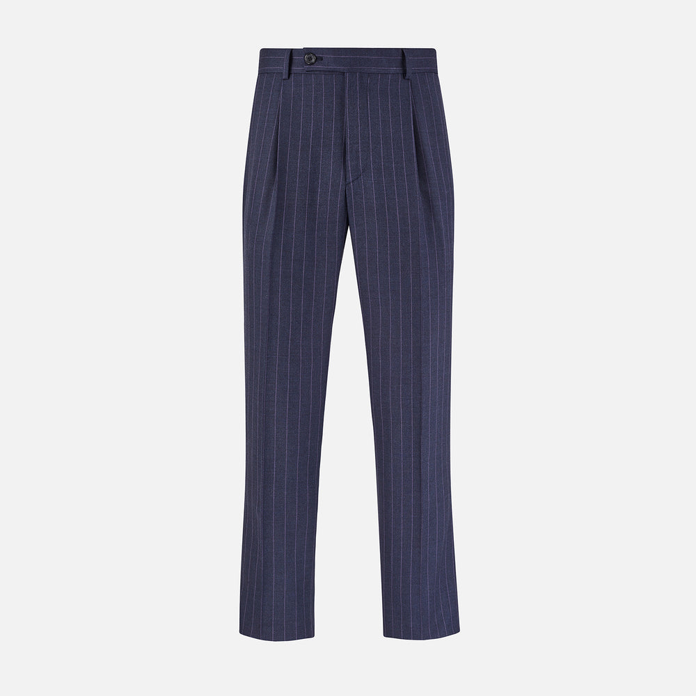 The Navy Pinstripe Arthur Trousers by Turnbull & Asser feature white vertical stripes, front pleats, a button closure, belt loops, and straight legs—adding modern menswear style to your wardrobe. Shown on a plain white background.