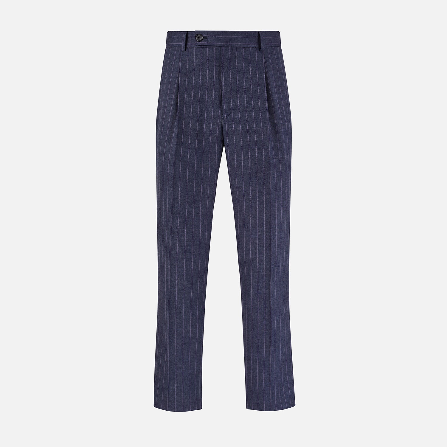 View 1 of product The Navy Pinstripe Arthur Trousers by Turnbull & Asser feature white vertical stripes, front pleats, a button closure, belt loops, and straight legs—adding modern menswear style to your wardrobe. Shown on a plain white background.