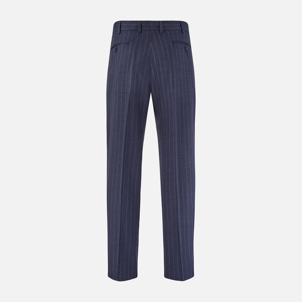 The Navy Pinstripe Arthur Trousers by Turnbull & Asser feature white vertical stripes, front pleats, a button closure, belt loops, and straight legs—adding modern menswear style to your wardrobe. Shown on a plain white background.