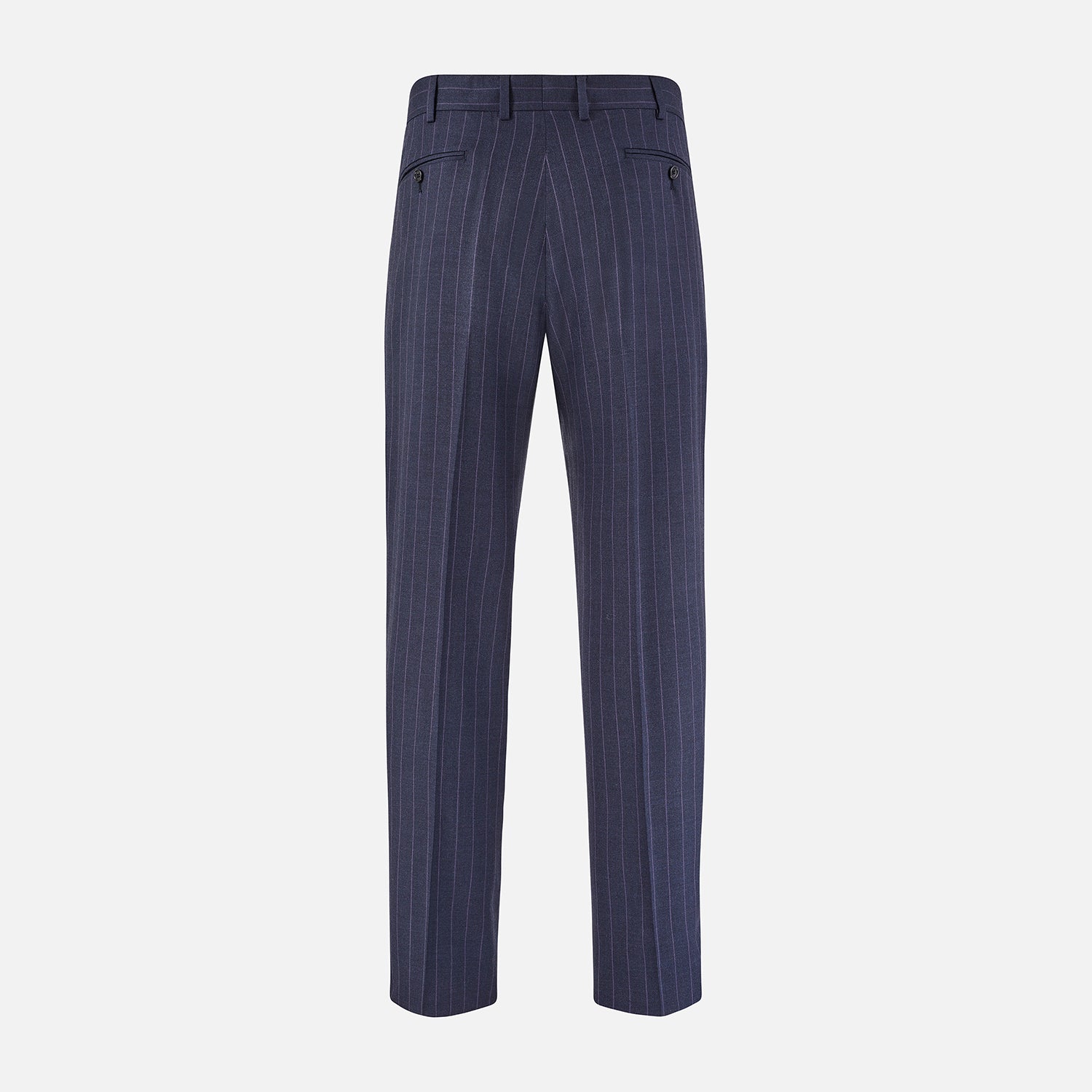 View 3 of product The Navy Pinstripe Arthur Trousers by Turnbull & Asser feature white vertical stripes, front pleats, a button closure, belt loops, and straight legs—adding modern menswear style to your wardrobe. Shown on a plain white background.