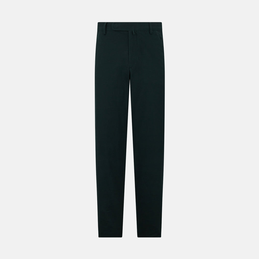 The Forest Green William Trousers by Turnbull & Asser UK are straight-leg, pleated trousers with belt loops and side pockets, displayed on a plain white background.