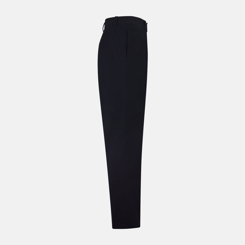 Turnbull & Asser Navy Knitted London Trousers feature a high waist, pleated tailoring, and a straight leg fit, displayed against a plain white background.
