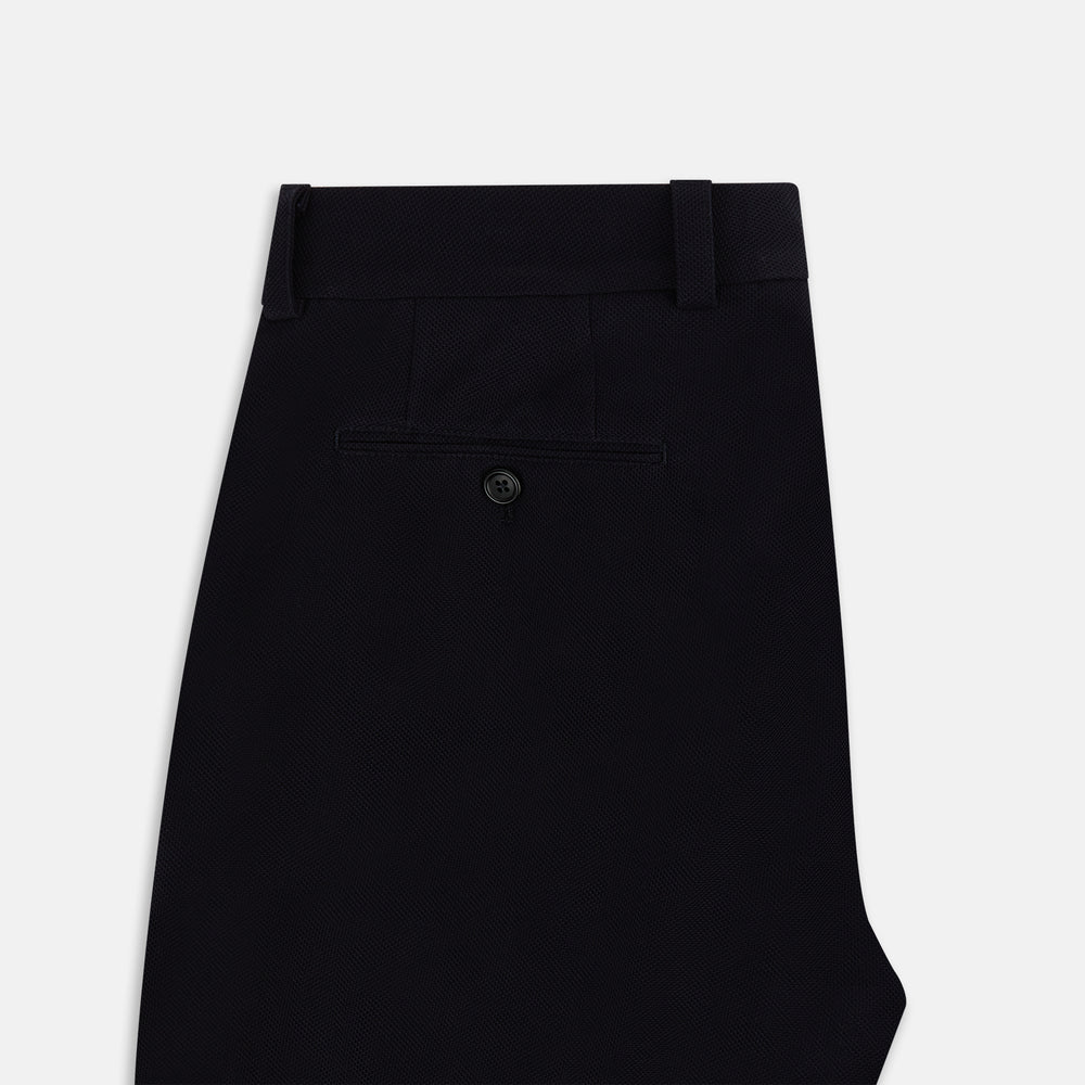 Turnbull & Asser Navy Knitted London Trousers feature a high waist, pleated tailoring, and a straight leg fit, displayed against a plain white background.