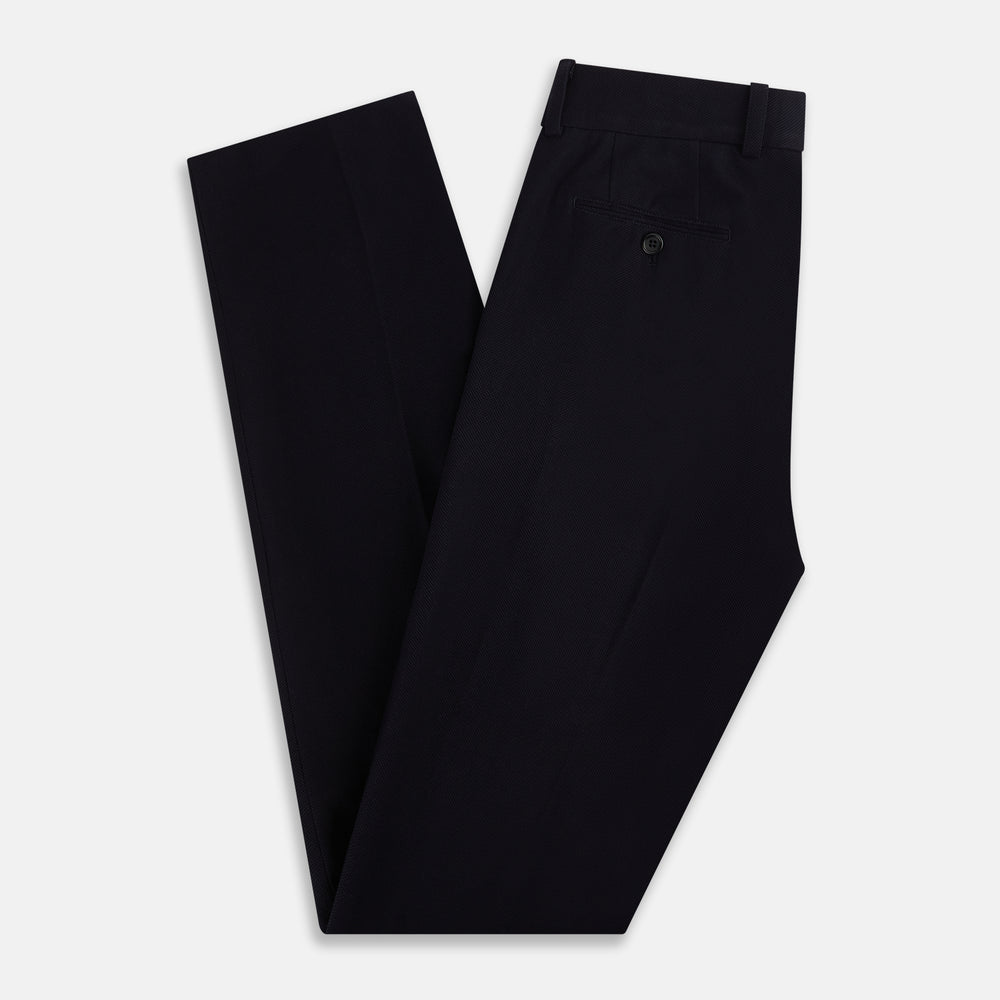 Turnbull & Asser Navy Knitted London Trousers feature a high waist, pleated tailoring, and a straight leg fit, displayed against a plain white background.