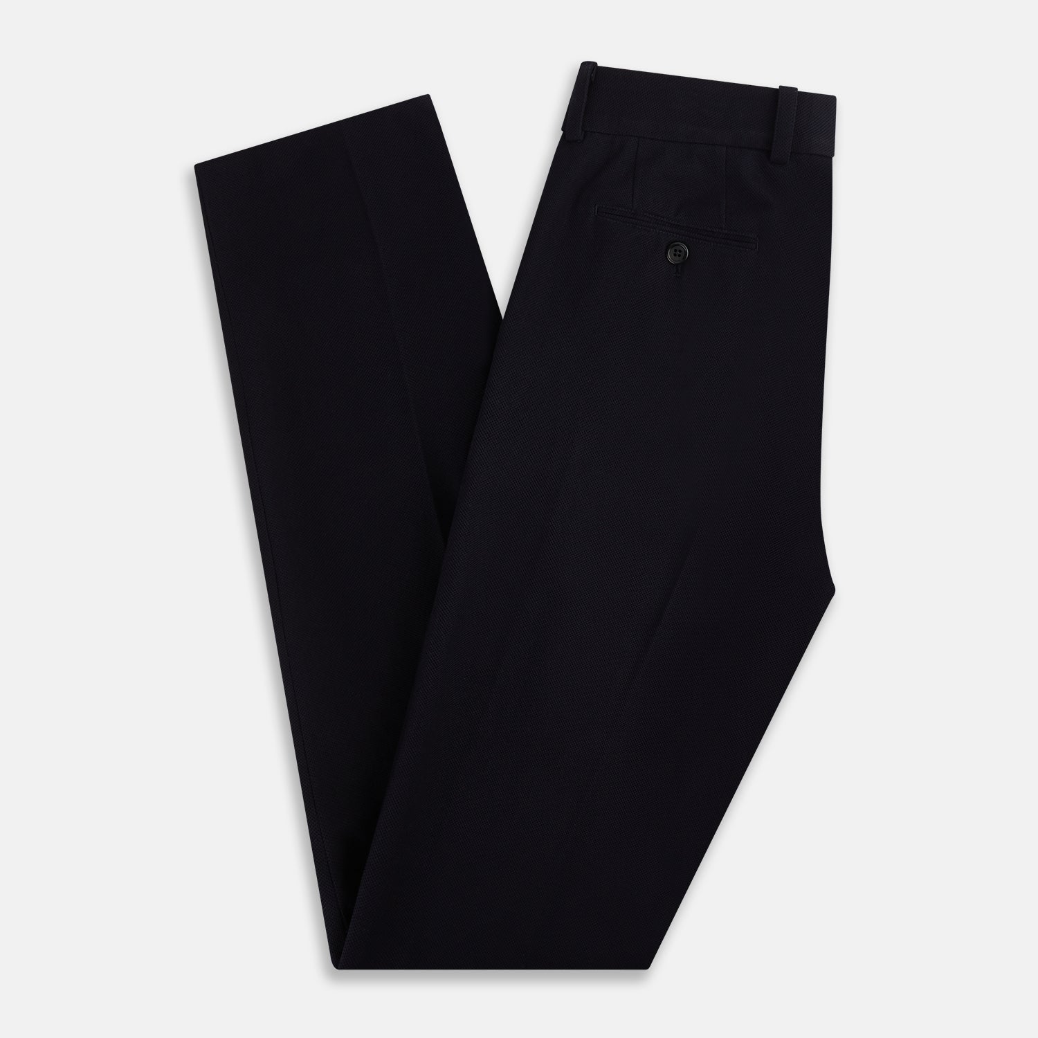 View 6 of product Turnbull & Asser Navy Knitted London Trousers feature a high waist, pleated tailoring, and a straight leg fit, displayed against a plain white background.