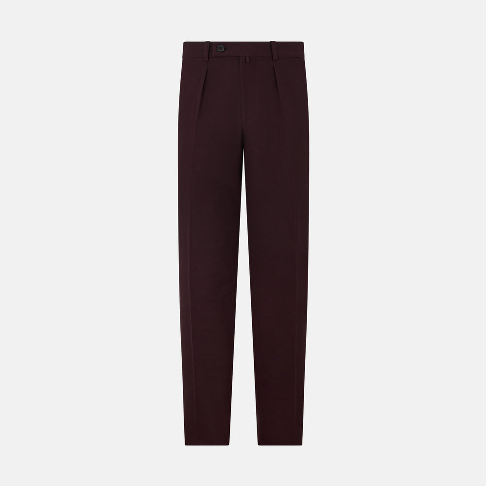 A pair of Burgundy Knitted London Trousers by Turnbull & Asser, featuring a tailored fit, button closure, front pleats, belt loops, and straight legs, displayed on a plain white background.