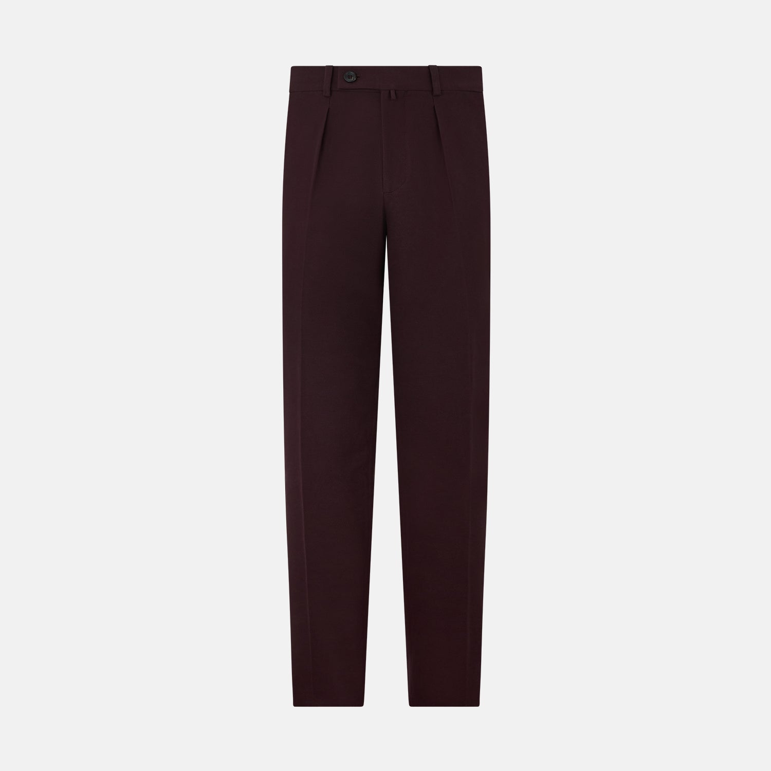 View 1 of product A pair of Burgundy Knitted London Trousers by Turnbull & Asser, featuring a tailored fit, button closure, front pleats, belt loops, and straight legs, displayed on a plain white background.