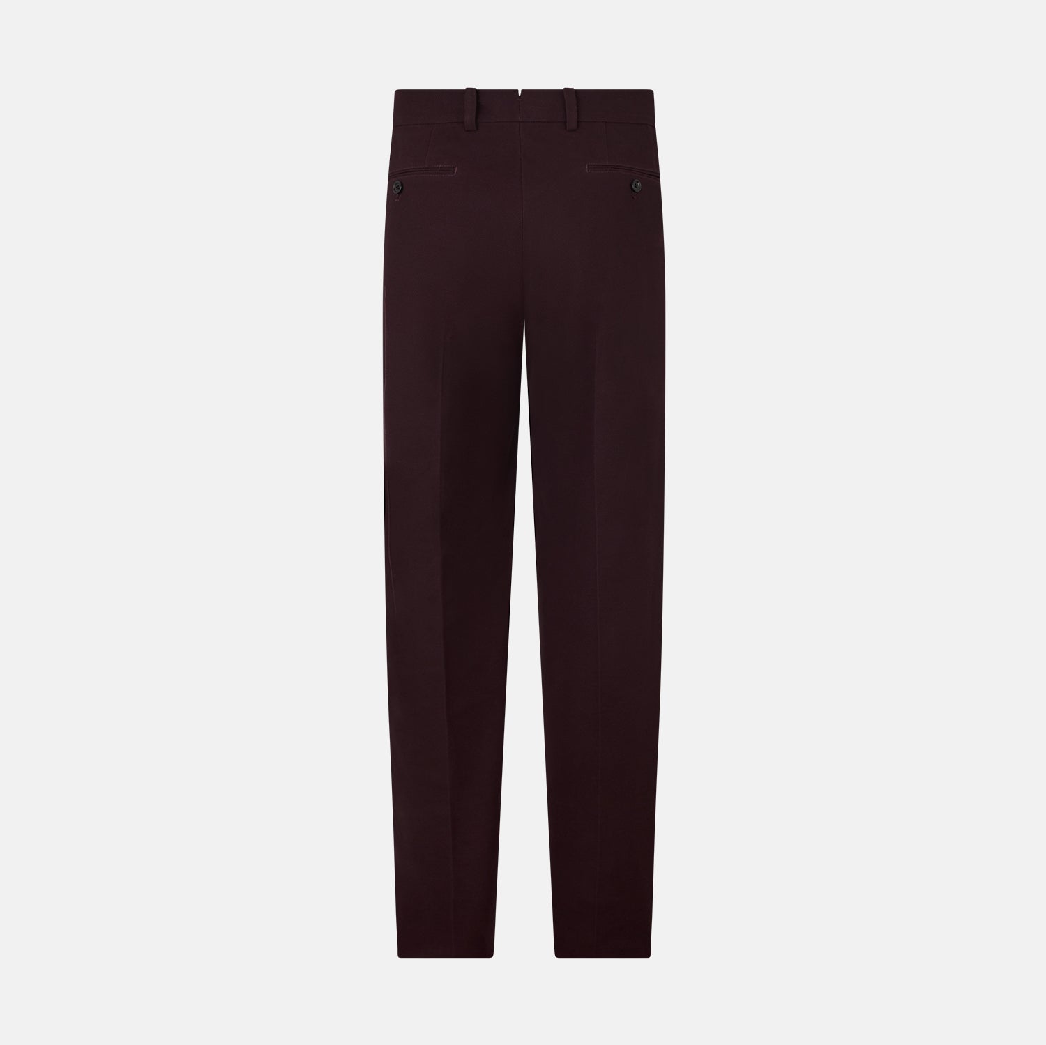 View 3 of product A pair of Burgundy Knitted London Trousers by Turnbull & Asser, featuring a tailored fit, button closure, front pleats, belt loops, and straight legs, displayed on a plain white background.