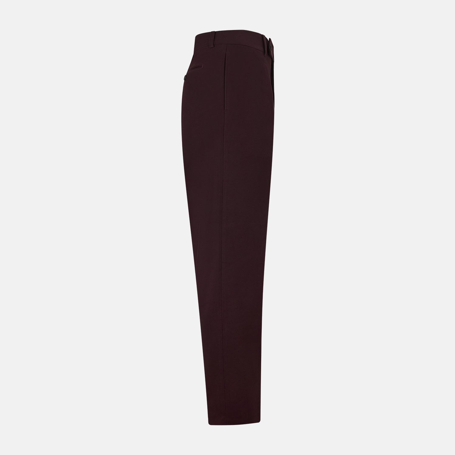 View 4 of product A pair of Burgundy Knitted London Trousers by Turnbull & Asser, featuring a tailored fit, button closure, front pleats, belt loops, and straight legs, displayed on a plain white background.