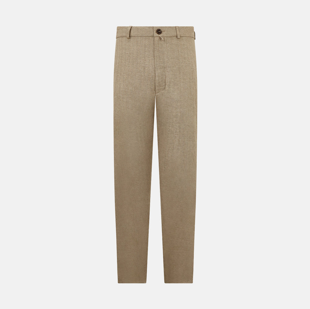 The Sand Linen Amberley Trousers by Turnbull & Asser UK are high-waisted, straight-leg, light brown herringbone linen trousers with belt loops, a front button, and zip closure, shown against a plain white background.