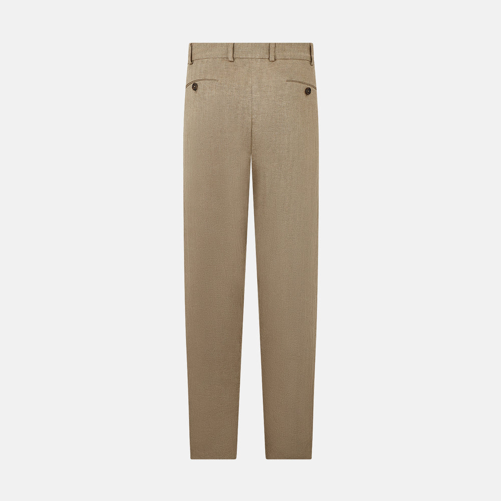 The Sand Linen Amberley Trousers by Turnbull & Asser UK are high-waisted, straight-leg, light brown herringbone linen trousers with belt loops, a front button, and zip closure, shown against a plain white background.