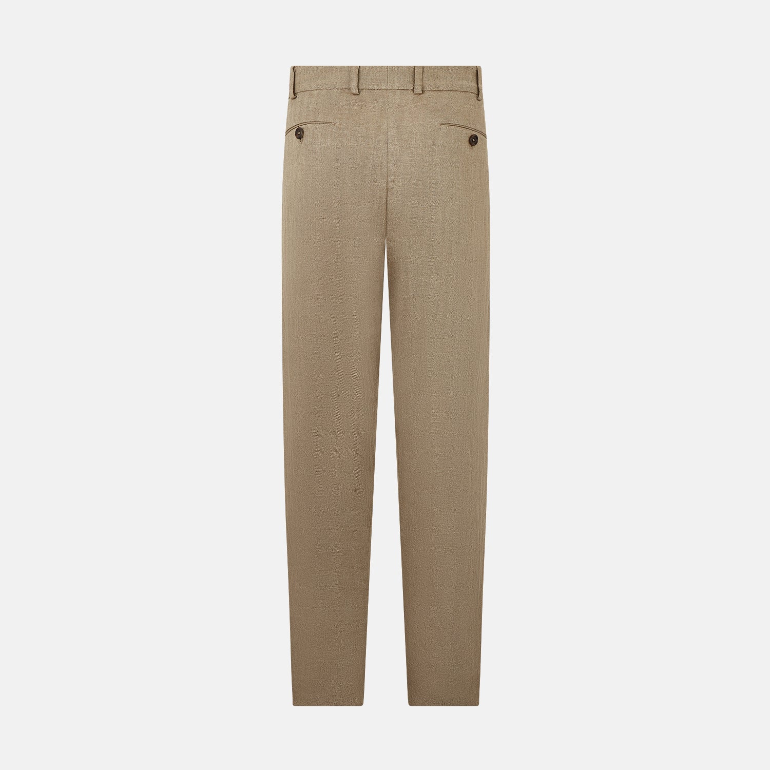 View 3 of product The Sand Linen Amberley Trousers by Turnbull & Asser UK are high-waisted, straight-leg, light brown herringbone linen trousers with belt loops, a front button, and zip closure, shown against a plain white background.