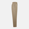 View 4 of product The Sand Linen Amberley Trousers by Turnbull & Asser UK are high-waisted, straight-leg, light brown herringbone linen trousers with belt loops, a front button, and zip closure, shown against a plain white background.