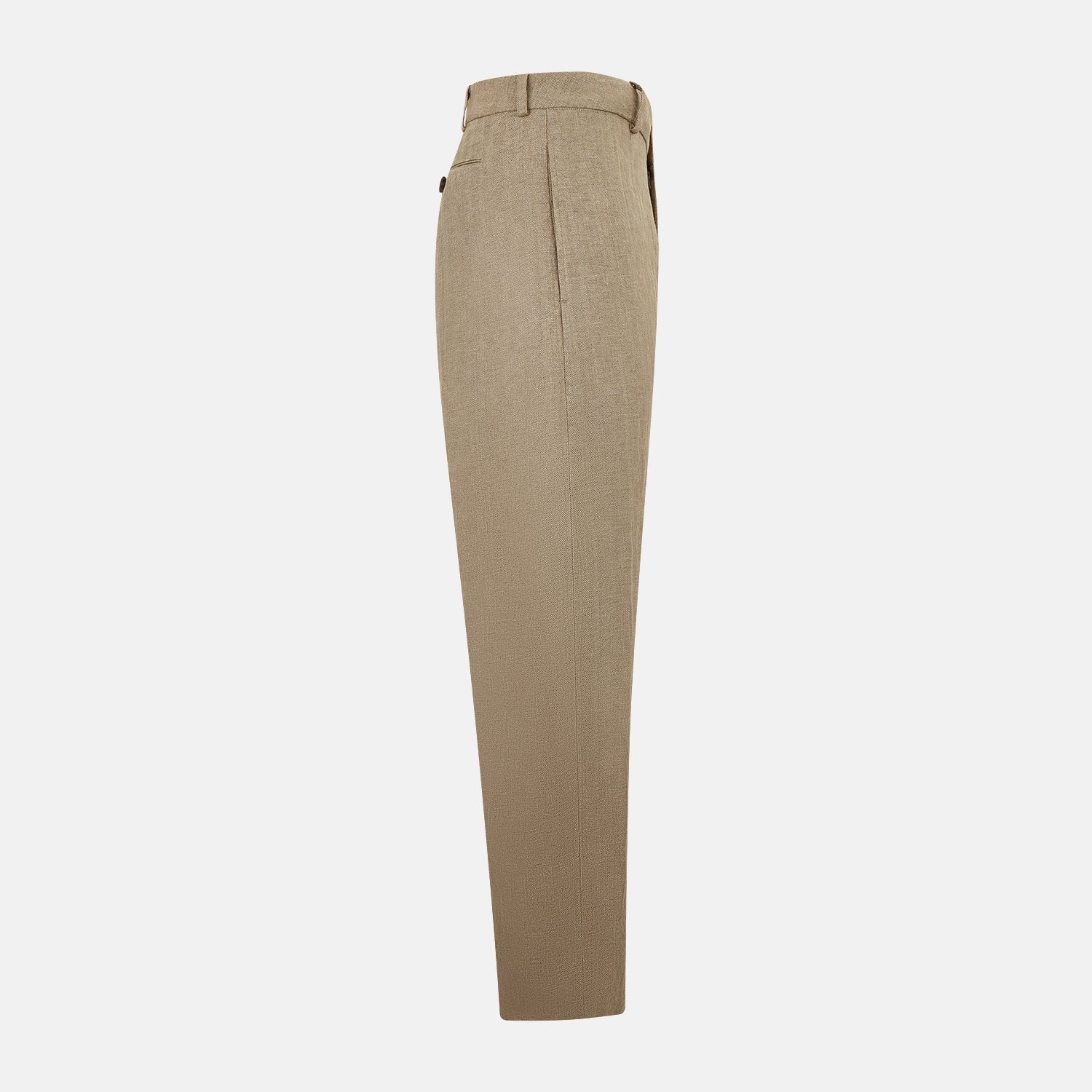View 4 of product The Sand Linen Amberley Trousers by Turnbull & Asser UK are high-waisted, straight-leg, light brown herringbone linen trousers with belt loops, a front button, and zip closure, shown against a plain white background.