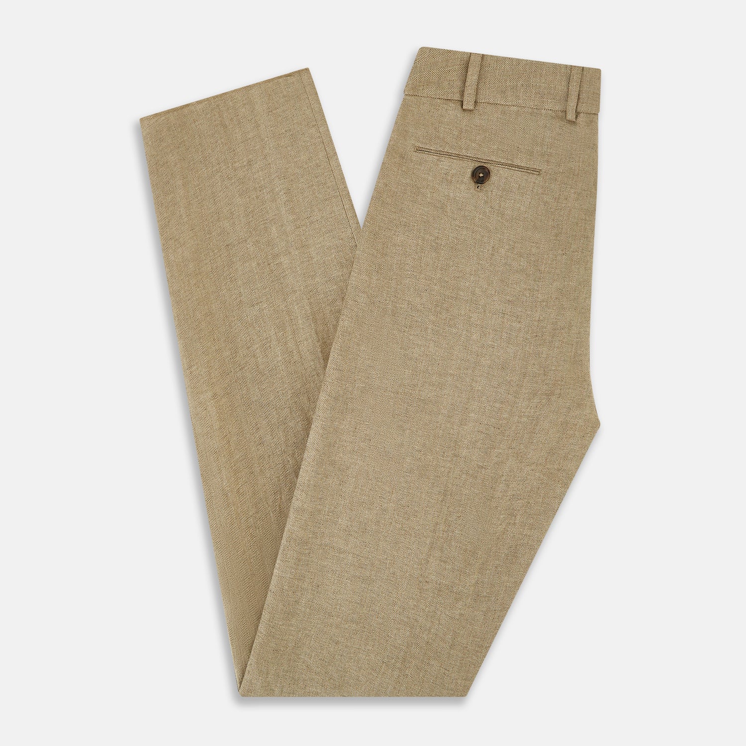 View 5 of product The Sand Linen Amberley Trousers by Turnbull & Asser UK are high-waisted, straight-leg, light brown herringbone linen trousers with belt loops, a front button, and zip closure, shown against a plain white background.