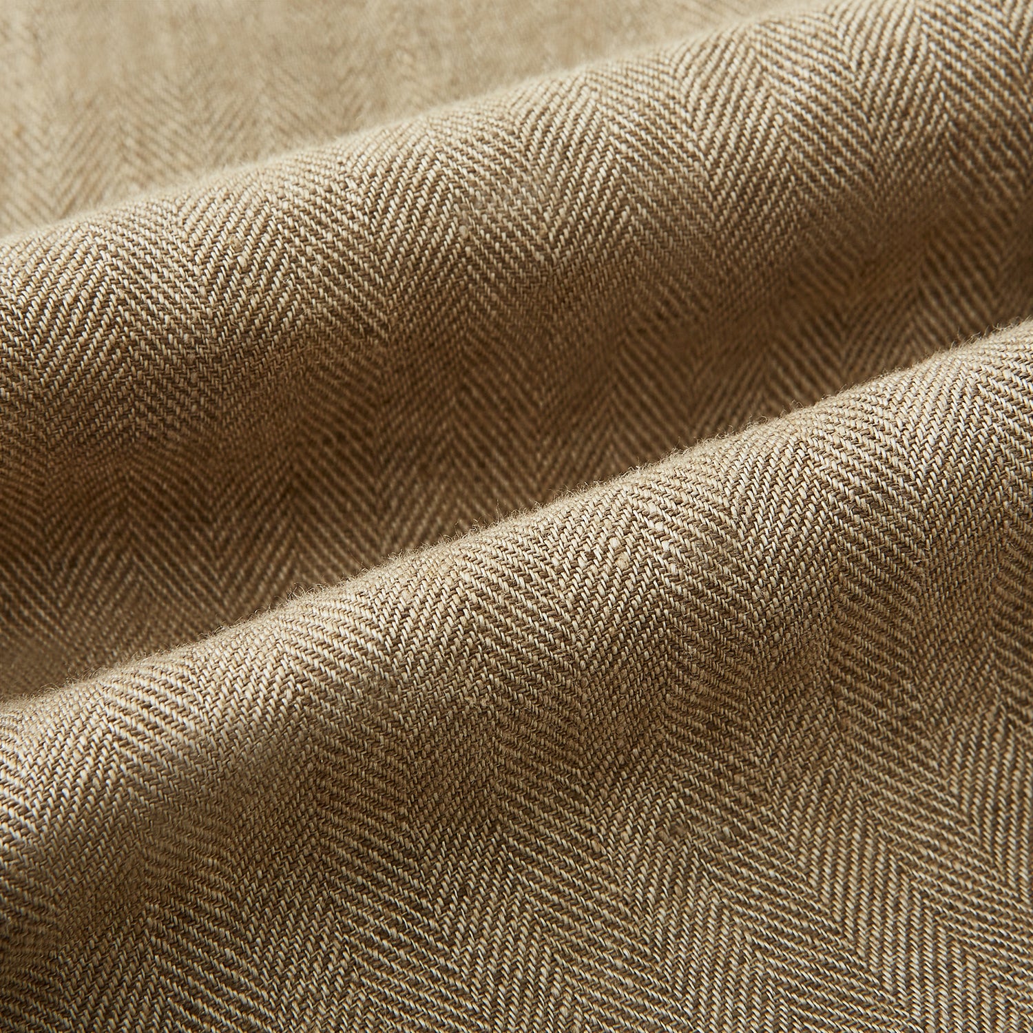 View 7 of product The Sand Linen Amberley Trousers by Turnbull & Asser UK are high-waisted, straight-leg, light brown herringbone linen trousers with belt loops, a front button, and zip closure, shown against a plain white background.