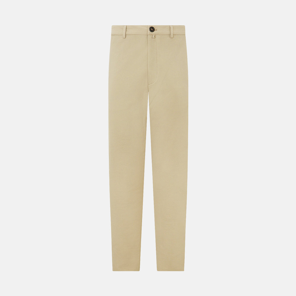Amberley Sand Trousers in Cotton by Turnbull & Asser UK, featuring a straight-leg silhouette in beige cotton canvas with a button and zip closure, displayed against a plain white background.