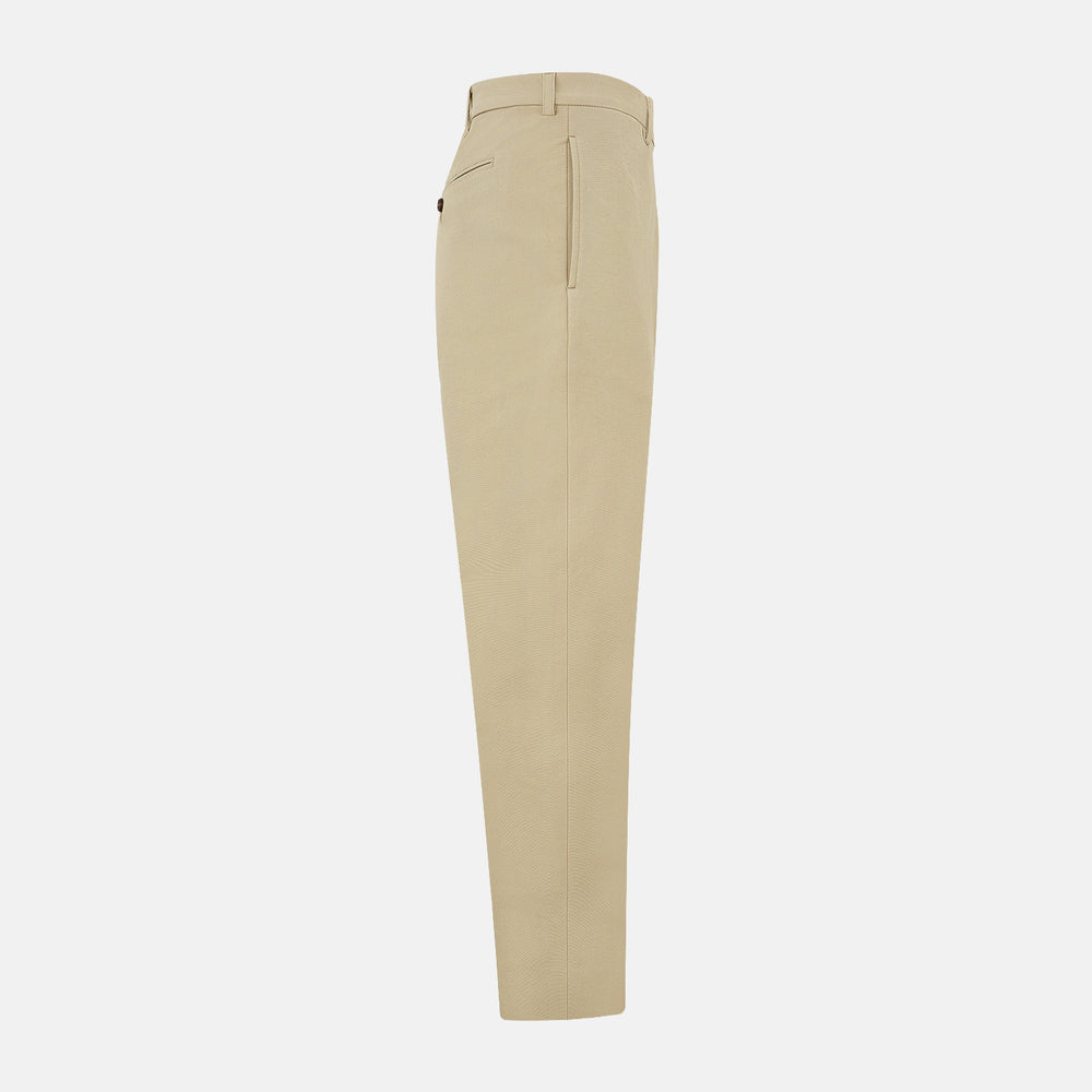 Amberley Sand Trousers in Cotton by Turnbull & Asser UK, featuring a straight-leg silhouette in beige cotton canvas with a button and zip closure, displayed against a plain white background.
