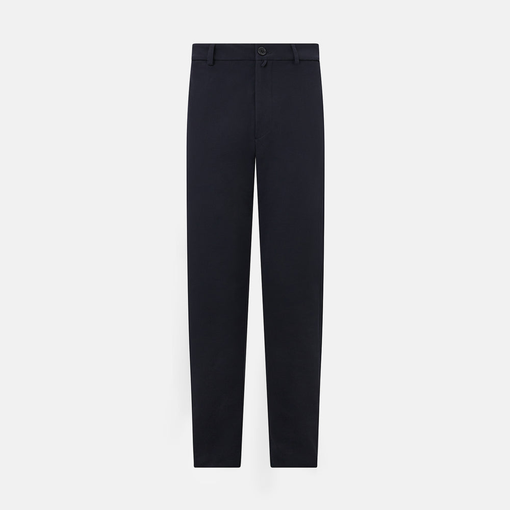 A pair of navy, straight-leg Amberley trousers in cotton by Turnbull & Asser UK, featuring belt loops, a button closure, and a zip fly in the classic Windsor style, displayed on a plain white background.