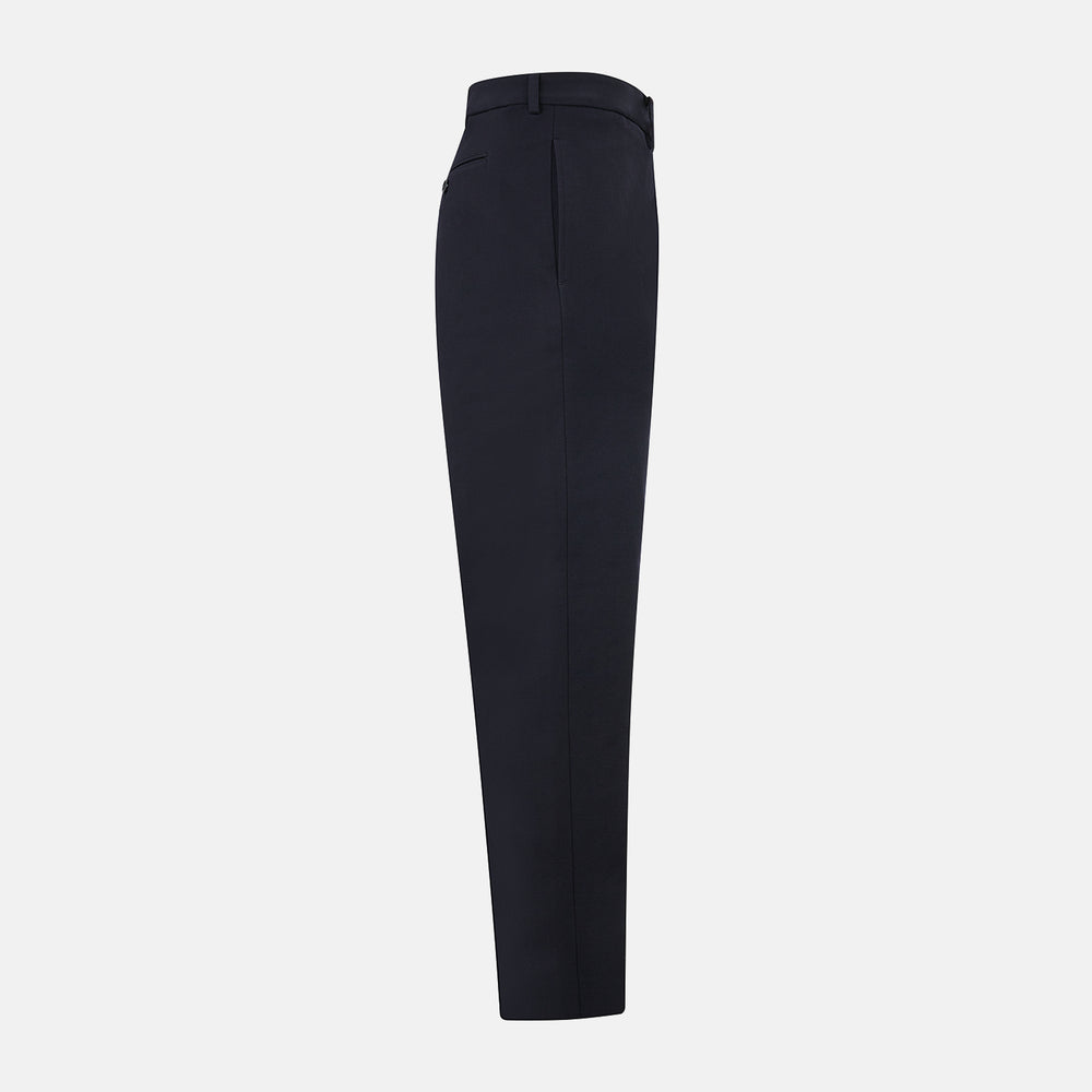 A pair of navy, straight-leg Amberley trousers in cotton by Turnbull & Asser UK, featuring belt loops, a button closure, and a zip fly in the classic Windsor style, displayed on a plain white background.