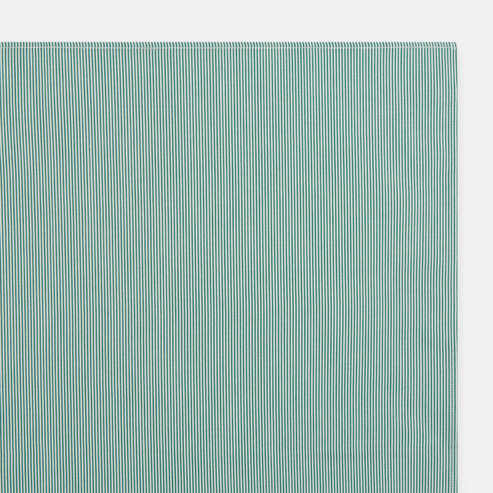 A neatly folded, square-shaped Green Pencil Stripe Handkerchief by Turnbull & Asser, featuring thin green and white vertical stripes, displayed on a plain white background.