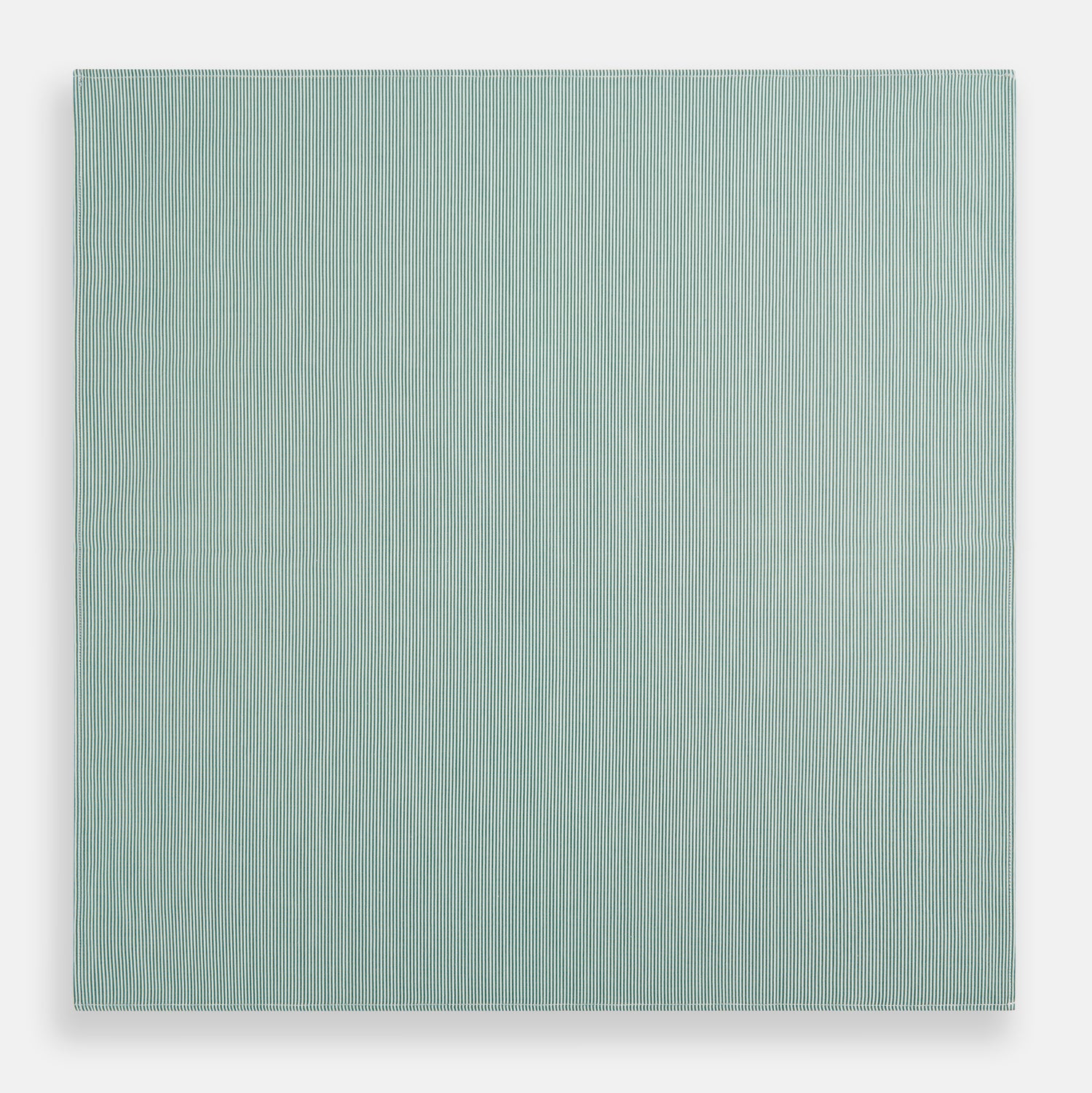 View 3 of product A neatly folded, square-shaped Green Pencil Stripe Handkerchief by Turnbull & Asser, featuring thin green and white vertical stripes, displayed on a plain white background.