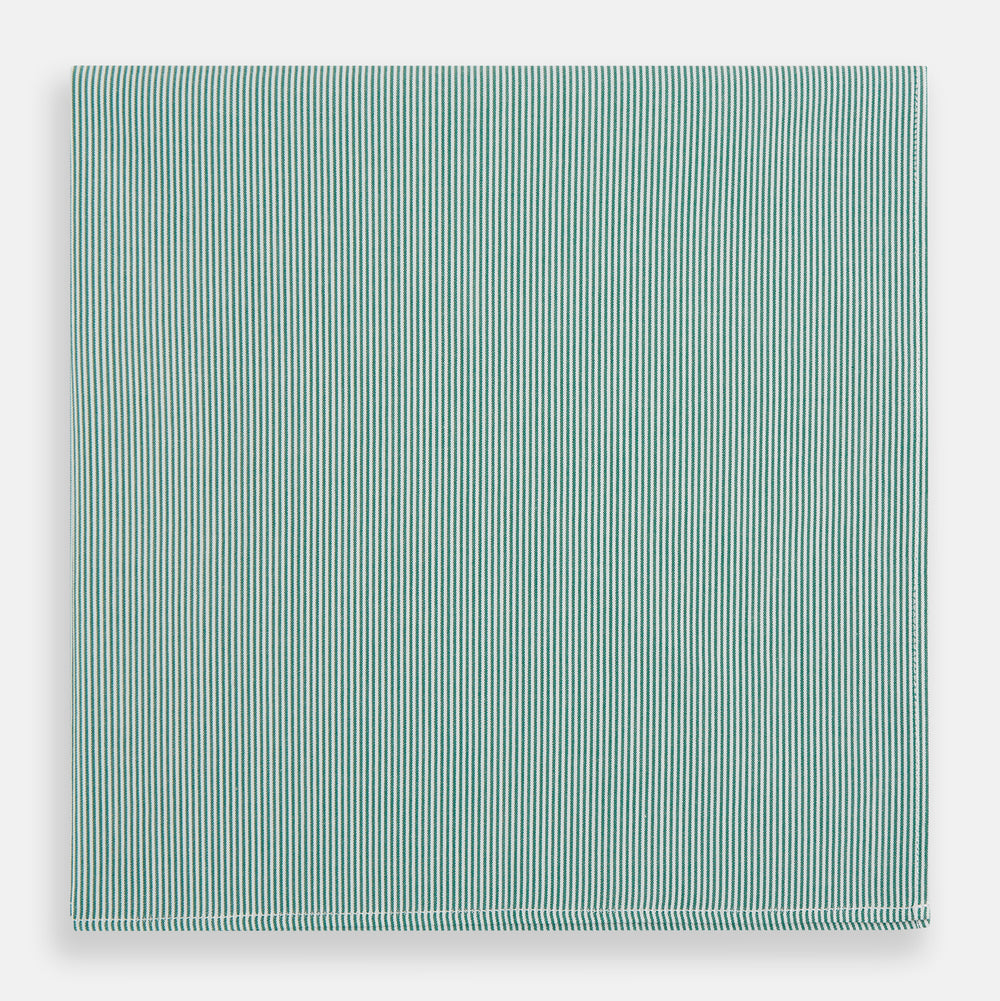 A neatly folded, square-shaped Green Pencil Stripe Handkerchief by Turnbull & Asser, featuring thin green and white vertical stripes, displayed on a plain white background.