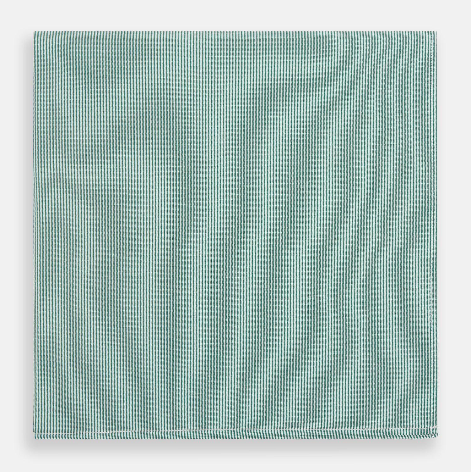 View 1 of product A neatly folded, square-shaped Green Pencil Stripe Handkerchief by Turnbull & Asser, featuring thin green and white vertical stripes, displayed on a plain white background.
