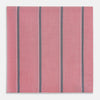View 1 of product The Turnbull & Asser UK Coral Pink Track Stripe Hand-Rolled Handkerchief is a square accessory featuring evenly spaced dark gray and white vertical stripes on a coral pink background. Expertly crafted in England, it boasts elegant hand-rolled edges and is displayed against a plain white background.