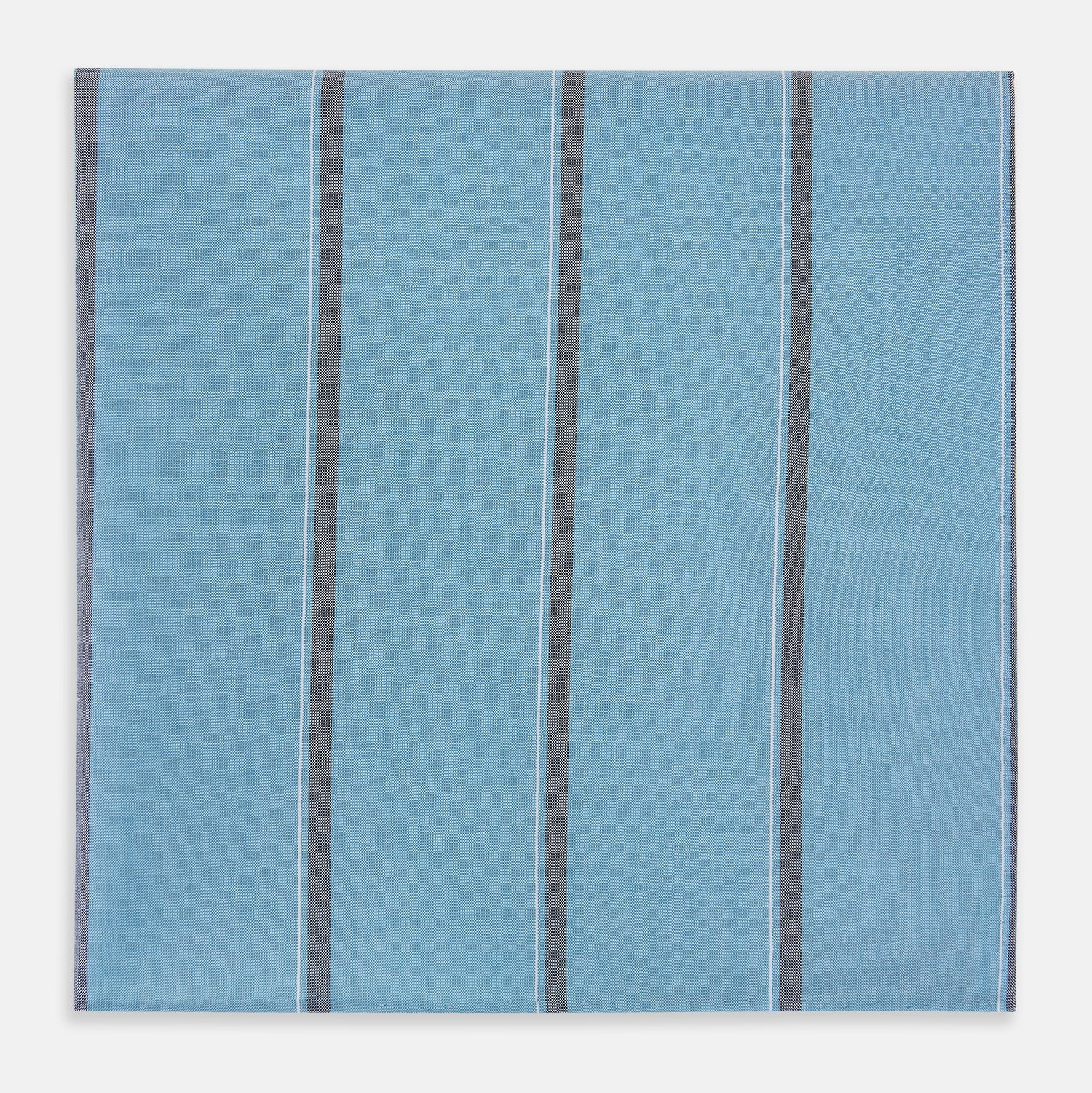 View 1 of product The Turnbull & Asser UK Cendre Blue Track Stripe Hand-Rolled Handkerchief is displayed folded against a plain background, showcasing its cendre blue color with a track stripe pattern—three vertical gray stripes and one thin light blue stripe—and expertly finished with meticulously hand-rolled edges.