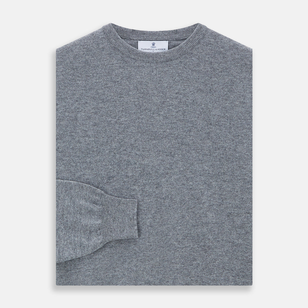 The Turnbull & Asser Flannel Grey Crew Neck Cashmere Jumper is shown flat on a white background.