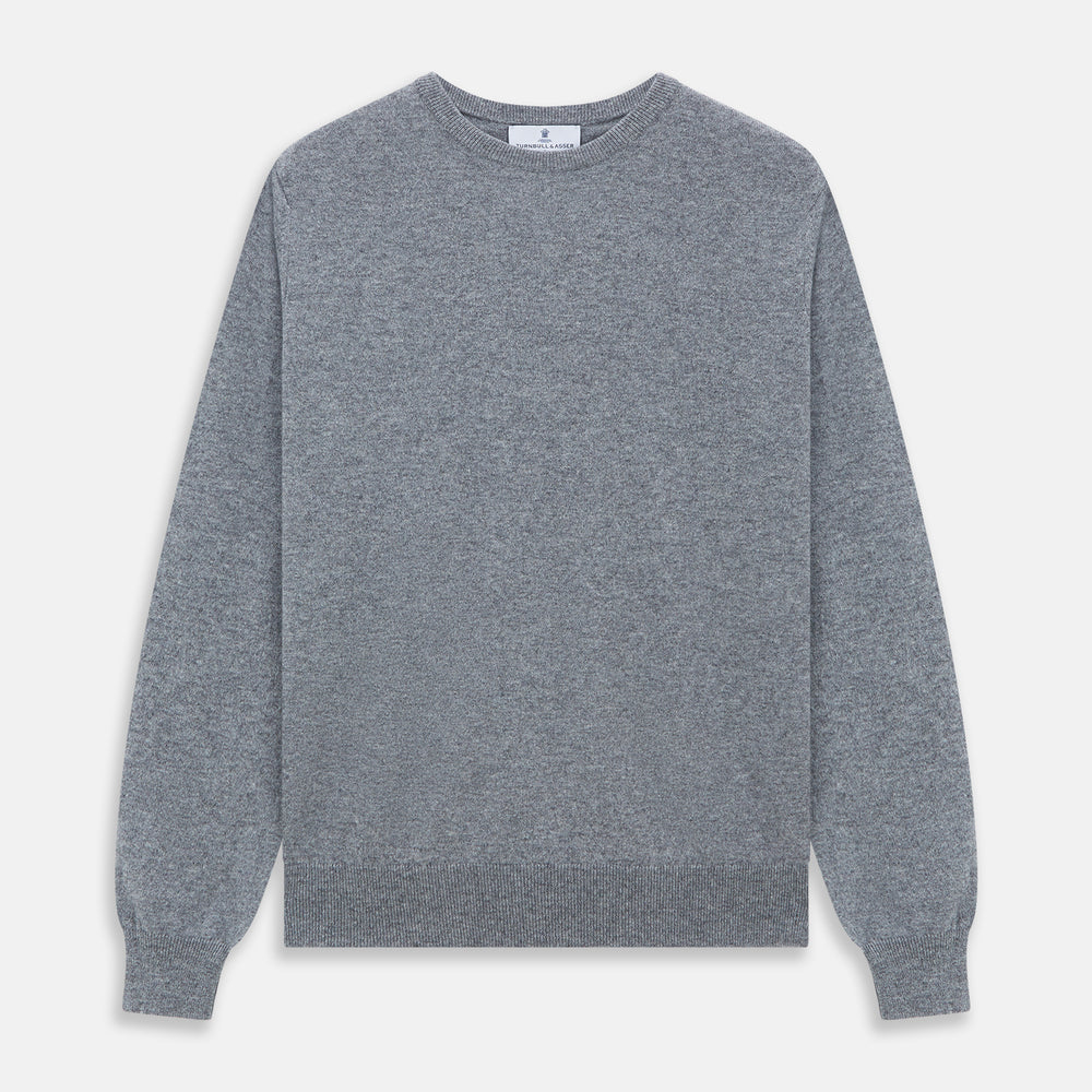 The Turnbull & Asser Flannel Grey Crew Neck Cashmere Jumper is shown flat on a white background.