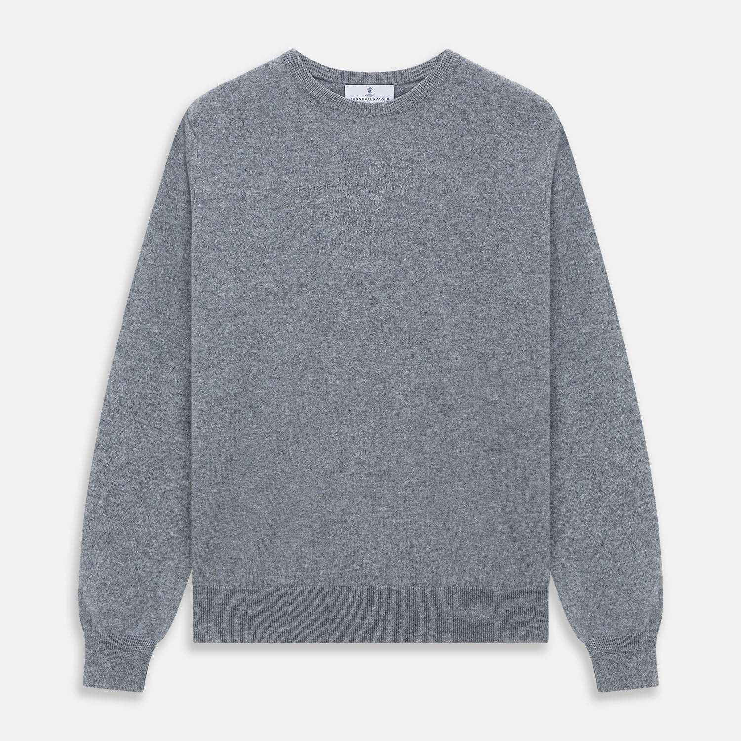 View 1 of product The Turnbull & Asser Flannel Grey Crew Neck Cashmere Jumper is shown flat on a white background.