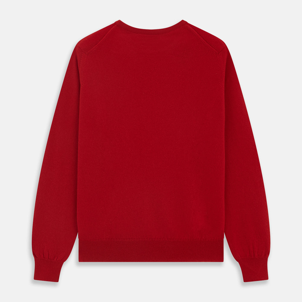 The Turnbull & Asser Deep Red Crew Neck Cashmere Jumper features long sleeves and a plain, solid hue—luxuriously soft and ideal for smart casual style. Displayed flat on a white background.