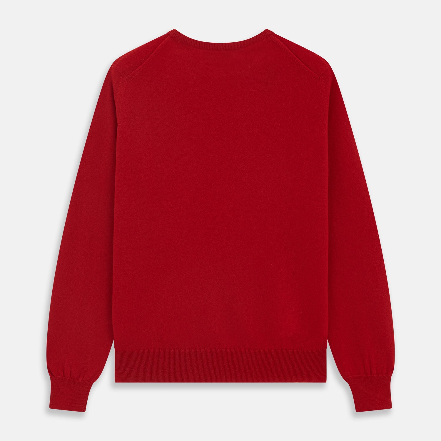 View 4 of product The Turnbull & Asser Deep Red Crew Neck Cashmere Jumper features long sleeves and a plain, solid hue—luxuriously soft and ideal for smart casual style. Displayed flat on a white background.