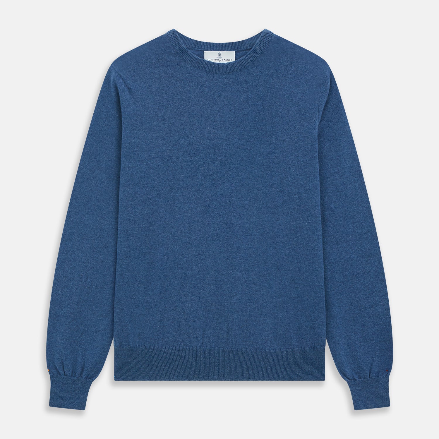 View 1 of product The Turnbull & Asser Blue Crew Neck Cashmere Jumper is laid flat on a white background, showcasing ribbed cuffs, hem, and neckline for an elegant, smart-casual style.