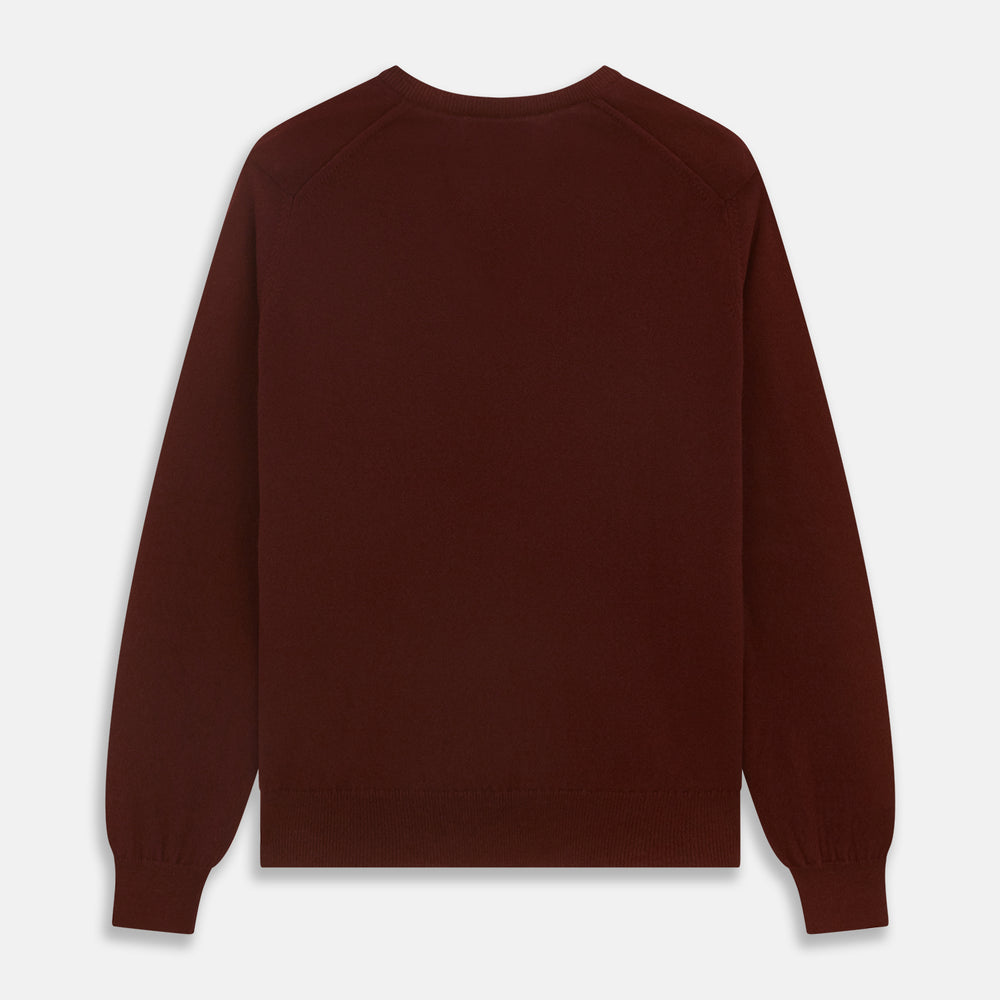 The Turnbull & Asser Port Cashmere V-Neck Jumper is a plain, long-sleeved burgundy sweater with a V-neck, shown flat on a white background.