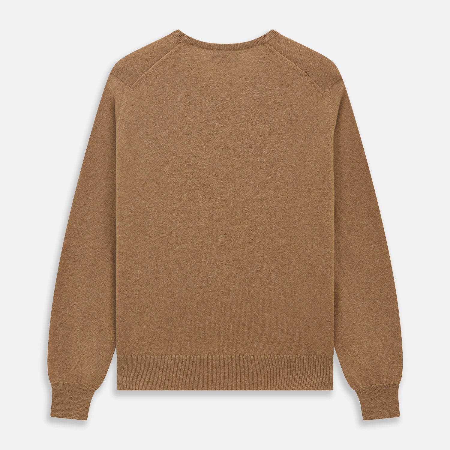 View 4 of product The Turnbull & Asser Natural V-Neck Cashmere Jumper, in camel, features long sleeves and ribbed cuffs, hem, and neckline. Crafted from Scottish cashmere, it’s laid flat on a white background for a refined smart casual look.