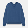 View 1 of product The Turnbull & Asser Blue V-Neck Cashmere Jumper, crafted from soft Scottish cashmere with ribbed cuffs, hem, and neckline, is shown laid flat on a white background for a refined smart-casual appeal.