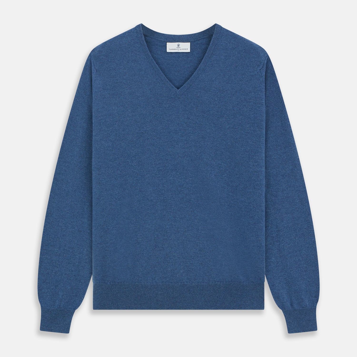 View 1 of product The Turnbull & Asser Blue V-Neck Cashmere Jumper, crafted from soft Scottish cashmere with ribbed cuffs, hem, and neckline, is shown laid flat on a white background for a refined smart-casual appeal.