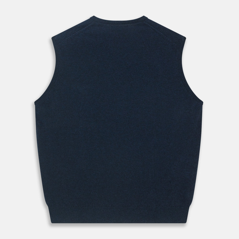 A neatly folded Turnbull & Asser Navy V-Neck Cashmere Slipover is displayed on a plain white background, its inner neckline label visible.