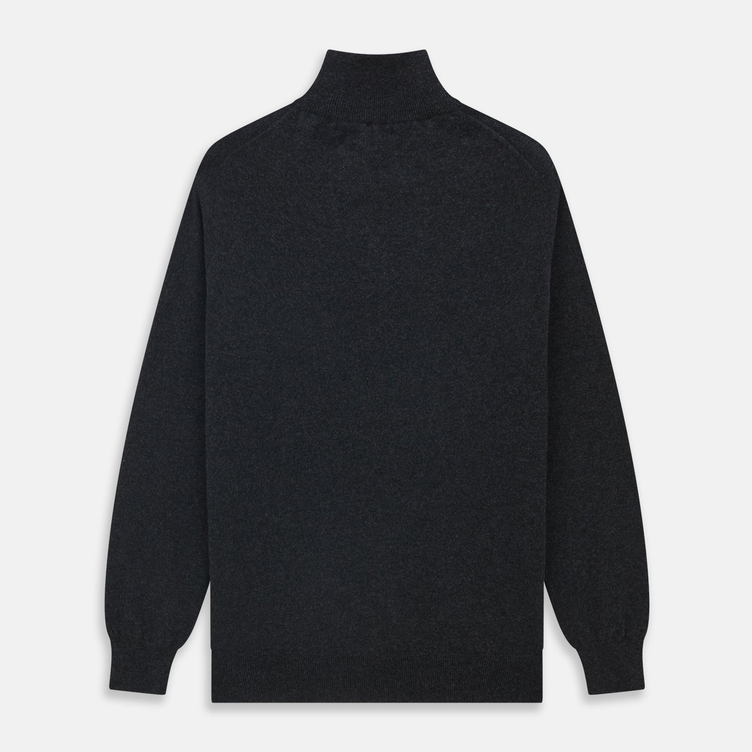 View 4 of product The Turnbull & Asser Charcoal Half-Zip Cashmere Jumper features long sleeves, a high collar, and a zip closure from the collar down the chest. Displayed flat with sleeves extended, it is crafted in dark charcoal grey cashmere.