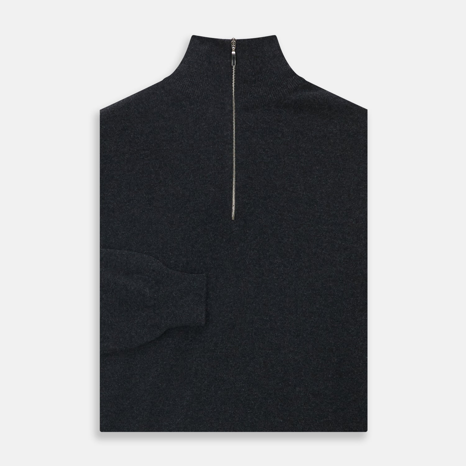 View 3 of product The Turnbull & Asser Charcoal Half-Zip Cashmere Jumper features long sleeves, a high collar, and a zip closure from the collar down the chest. Displayed flat with sleeves extended, it is crafted in dark charcoal grey cashmere.