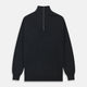 The Turnbull & Asser Charcoal Half-Zip Cashmere Jumper features long sleeves, a high collar, and a zip closure from the collar down the chest. Displayed flat with sleeves extended, it is crafted in dark charcoal grey cashmere.