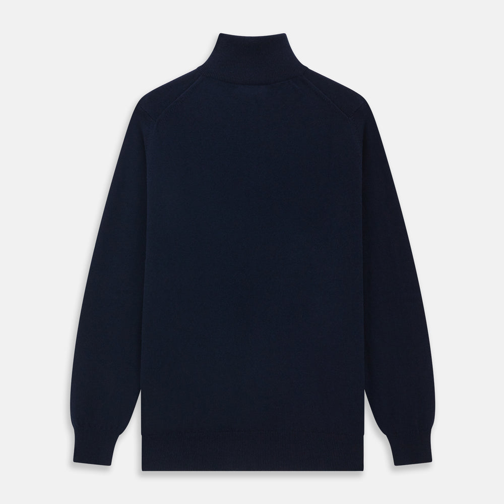 The Turnbull & Asser Navy Half-Zip Cashmere Jumper features a high collar and silver quarter-zip closure, shown flat on a white background.