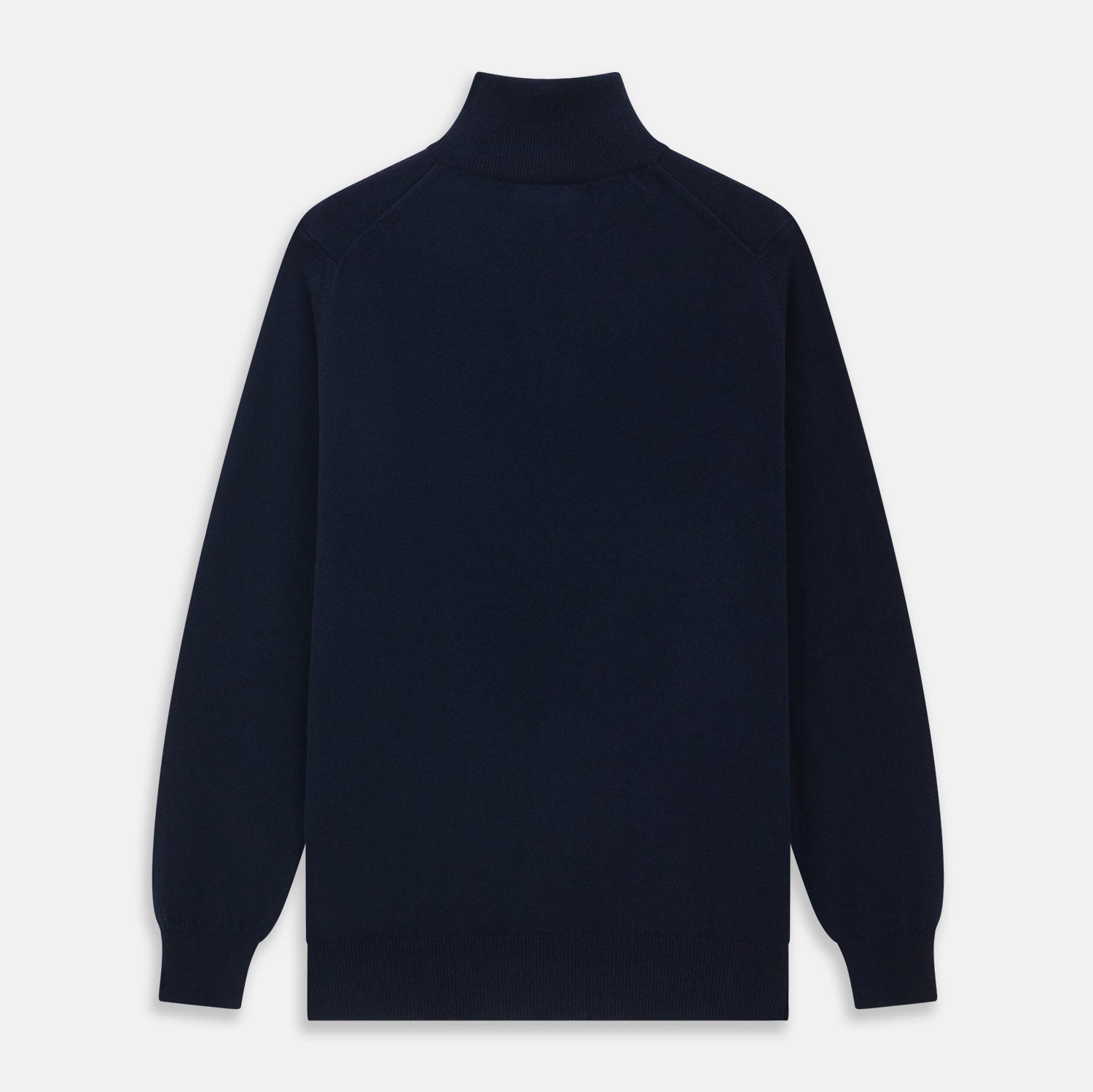 View 4 of product The Turnbull & Asser Navy Half-Zip Cashmere Jumper features a high collar and silver quarter-zip closure, shown flat on a white background.