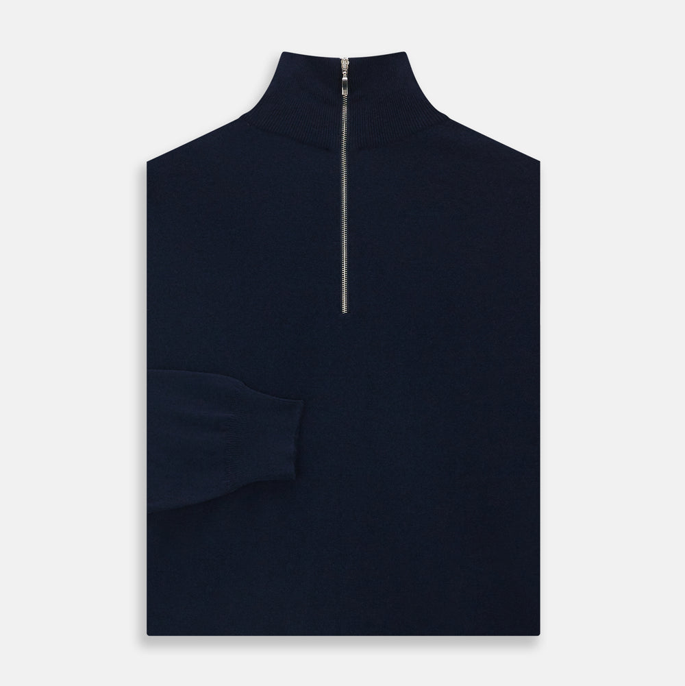 The Turnbull & Asser Navy Half-Zip Cashmere Jumper features a high collar and silver quarter-zip closure, shown flat on a white background.