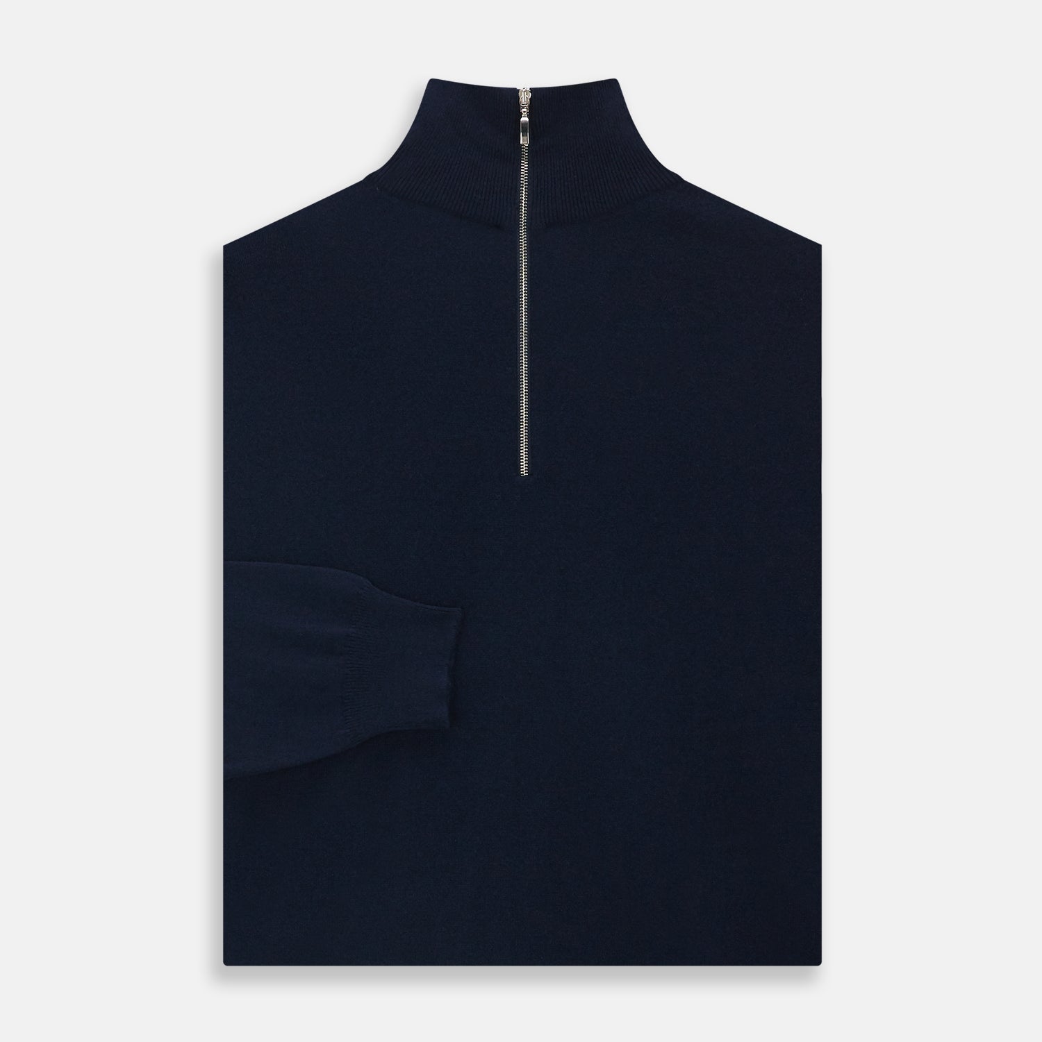 View 3 of product The Turnbull & Asser Navy Half-Zip Cashmere Jumper features a high collar and silver quarter-zip closure, shown flat on a white background.